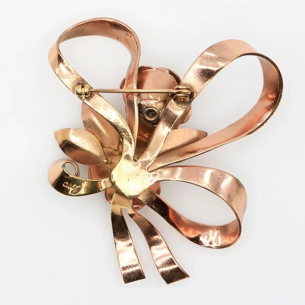 Vintage Coro Rose Gold Tone Floral Bow Brooch Bracelet Demi Parure Set 1940s